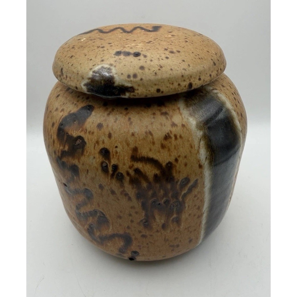 Vintage Signed CJ Adams 1979 Studio Pottery Lidded Stoneware Canister Jar
